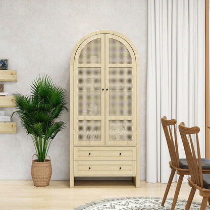 Tall Arched Kitchen Pantry, Arched Storage Display Cabinet With 2 Drawers & Adjustable Shelves, Rattan Door Versatile Storage Cabinet For Kitchen, Dining Room, Living Room - Natural Home Essentials