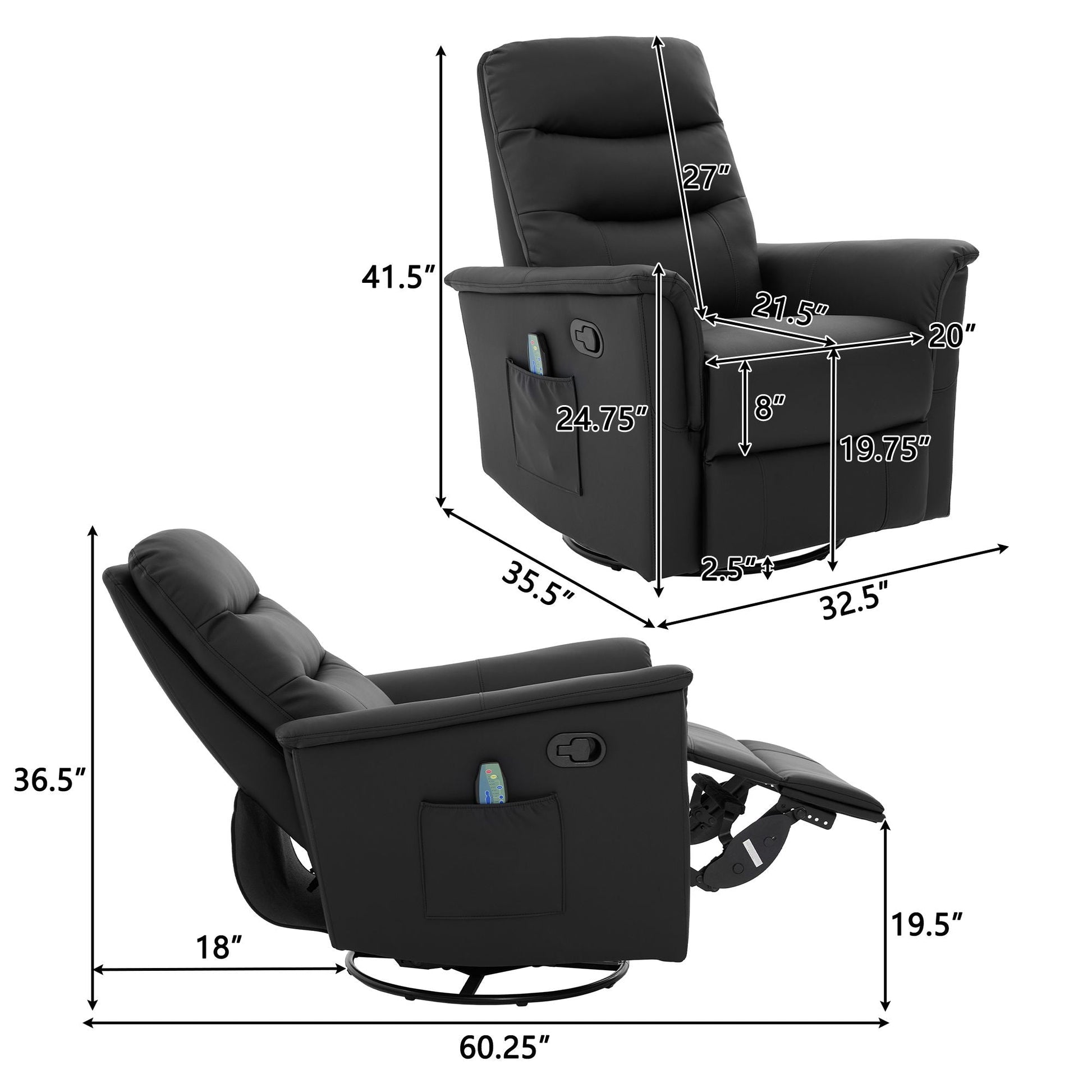 Manual Recliner Chair With 8 Point Massage And Swivel Function Noble House