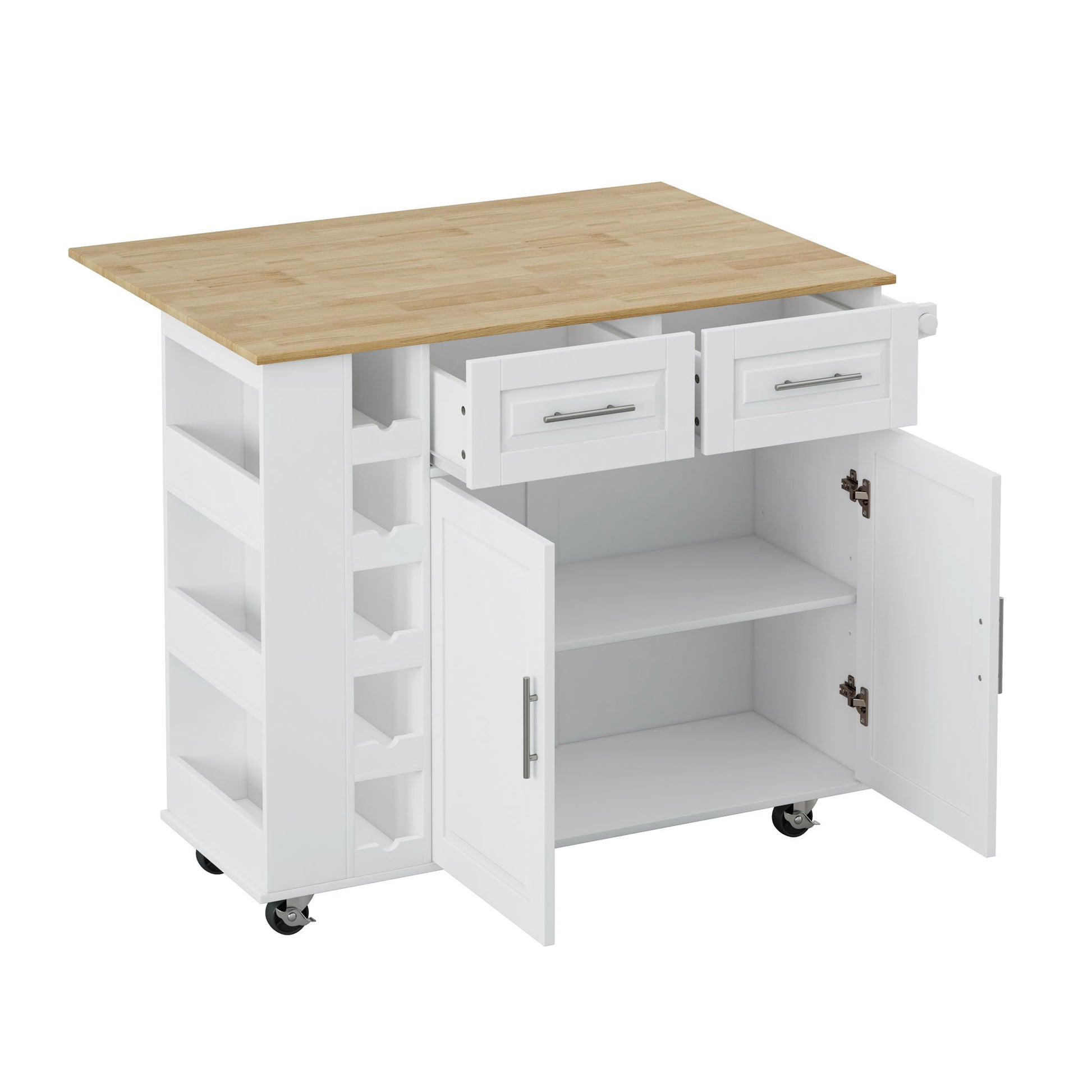 Kitchen Island Cart With 2 Door Cabinet, 2 Drawers, Spice Rack, Towel Holder, Wine Rack, And Foldable Top - White Home Essentials