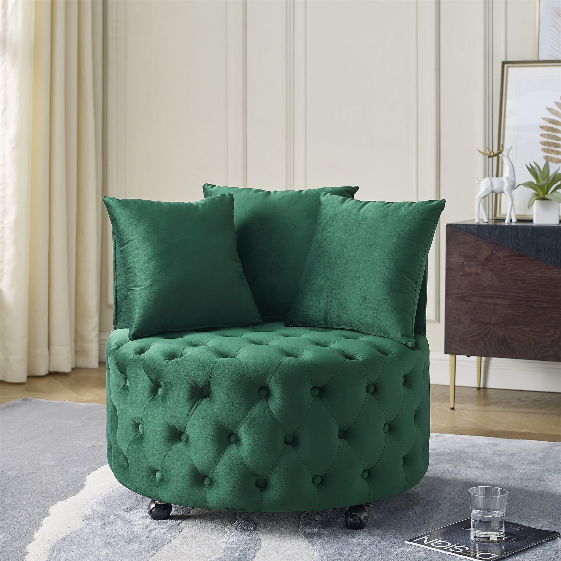Modern Upholstered Swivel Chair With Button Tufted Design And Movable Wheels Home Essentials