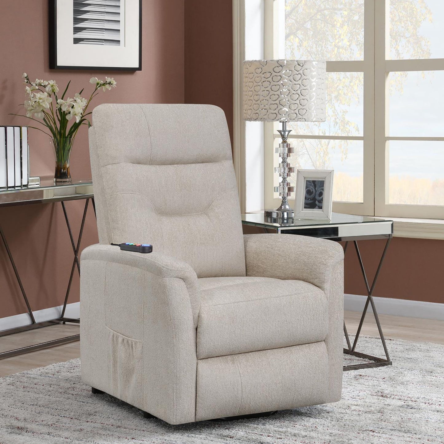 Upholstered Power Lift Recliner With Storage Pocket And USB Charging - Beige Furniture Max