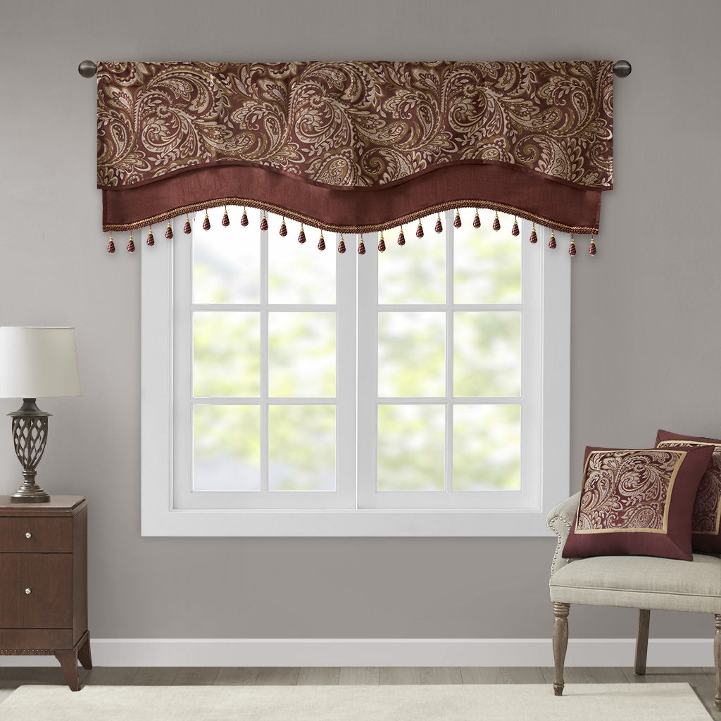 Aubrey - Window Rod Pocket Valance With Beads - Burgundy