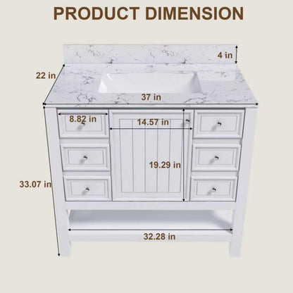 37" Bathroom Vanity, Multi Functional Cabinet With Doors And Drawers, Frame, Single Faucet Hole - White Home Essentials