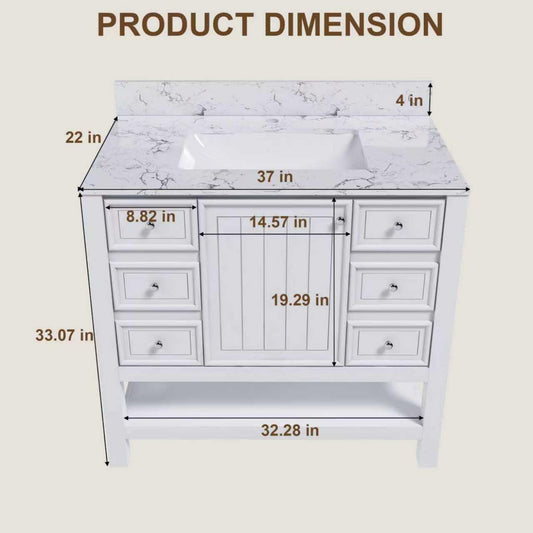 37" Bathroom Vanity, Multi Functional Cabinet With Doors And Drawers, Frame, Single Faucet Hole - White Home Essentials