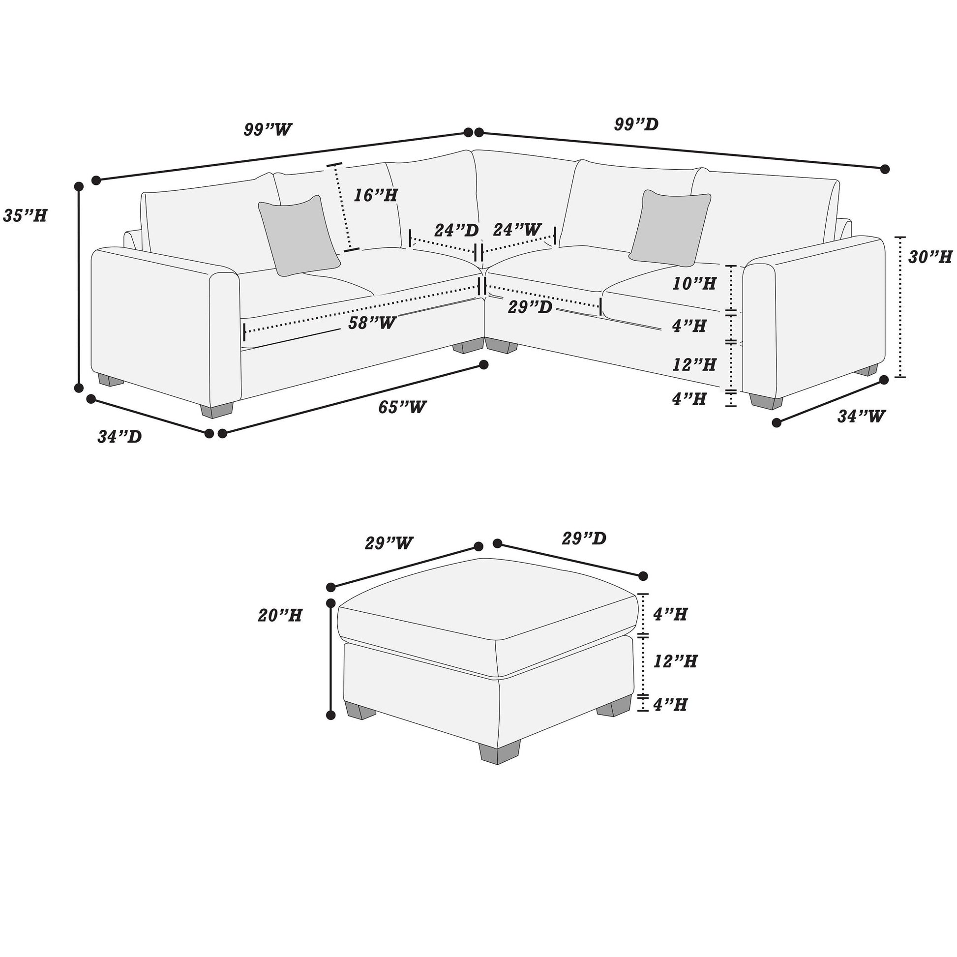 Modern Style L-Shaped Sectional Set With Ottoman Home Essentials