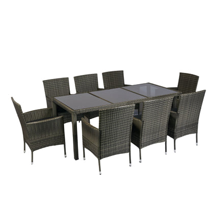 9 Piece Outdoor Patio Wicker Dining Set Patio Wicker Furniture Dining Set Glass Top - Gray / Black Home Essentials