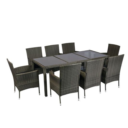9 Piece Outdoor Patio Wicker Dining Set Patio Wicker Furniture Dining Set Glass Top - Gray / Black Home Essentials