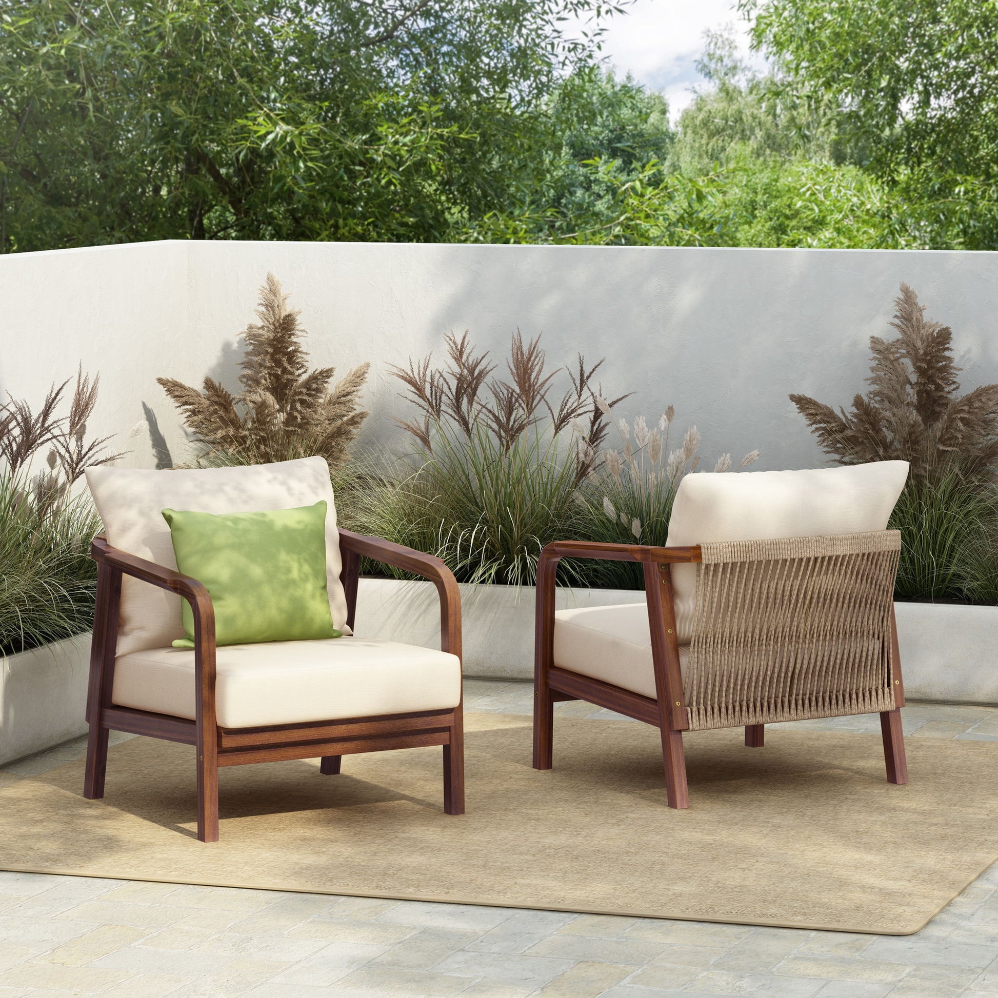 Outdoor Lounge Chair With Woven Backrest, Solid Wood Frame, Comfortable Cushions Noble House