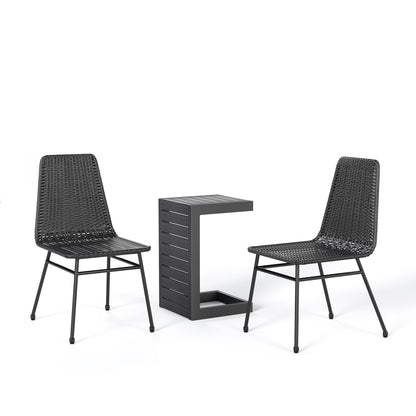 Aluminum And Rattan Chat Set, Outdoor Patio Set Includes Rattan Dining Chair Set Of 2 And C Shaped Side Table - Dark Brown Noble House