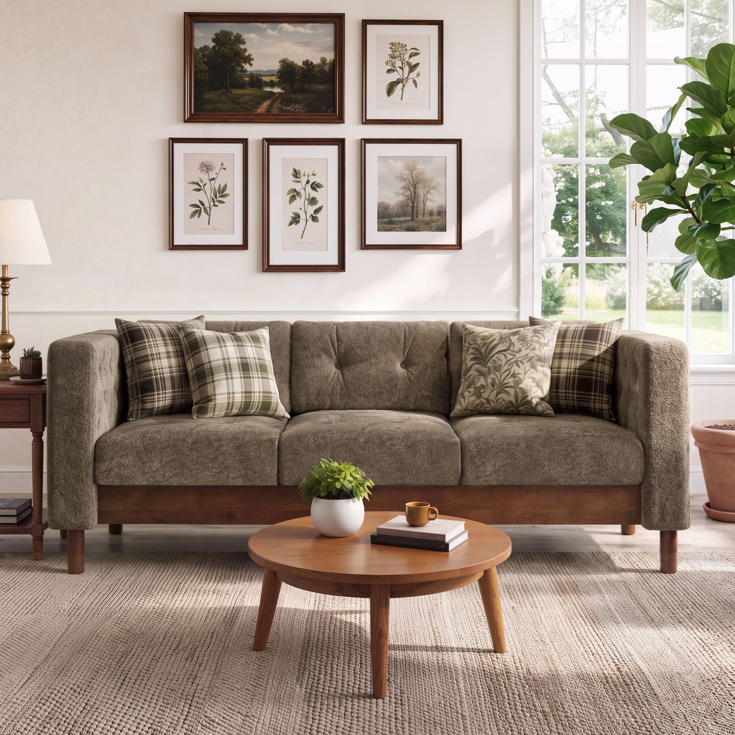 3 Seater Sofa With Square Arms, Tufted Pillow Back For Living Room Noble House