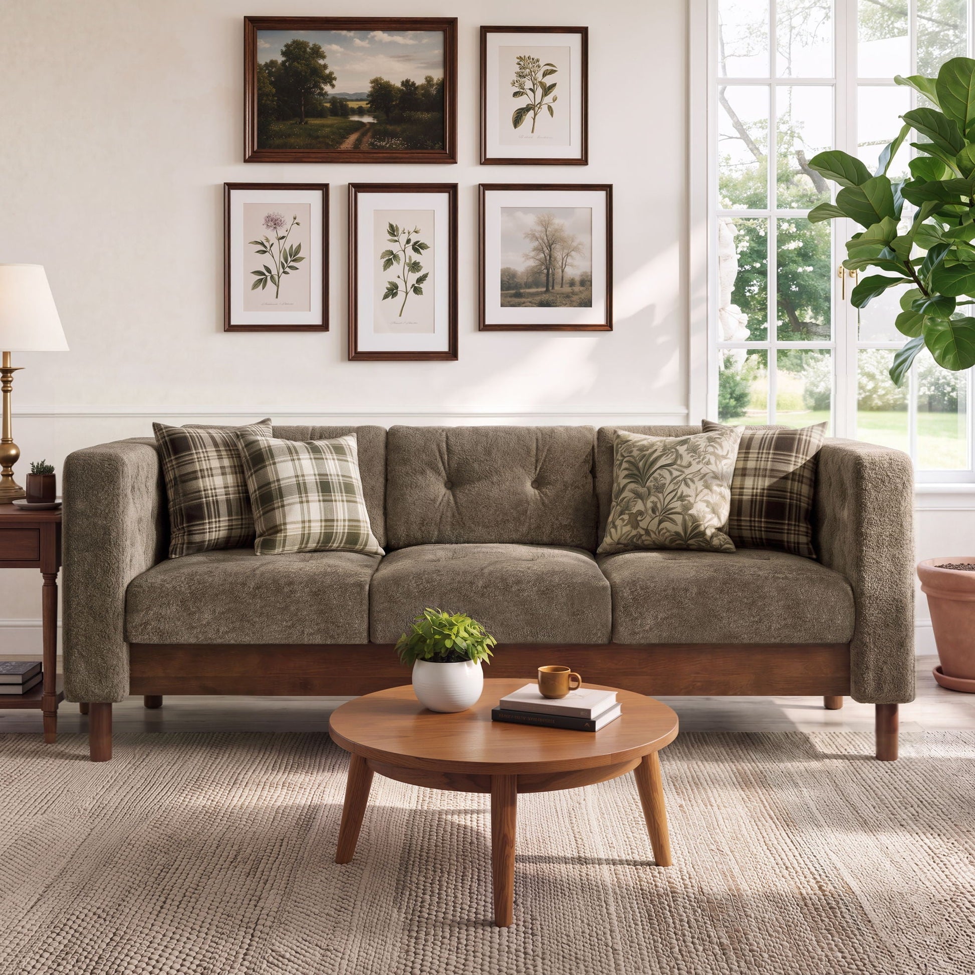 3 Seater Sofa With Square Arms, Tufted Pillow Back For Living Room Noble House