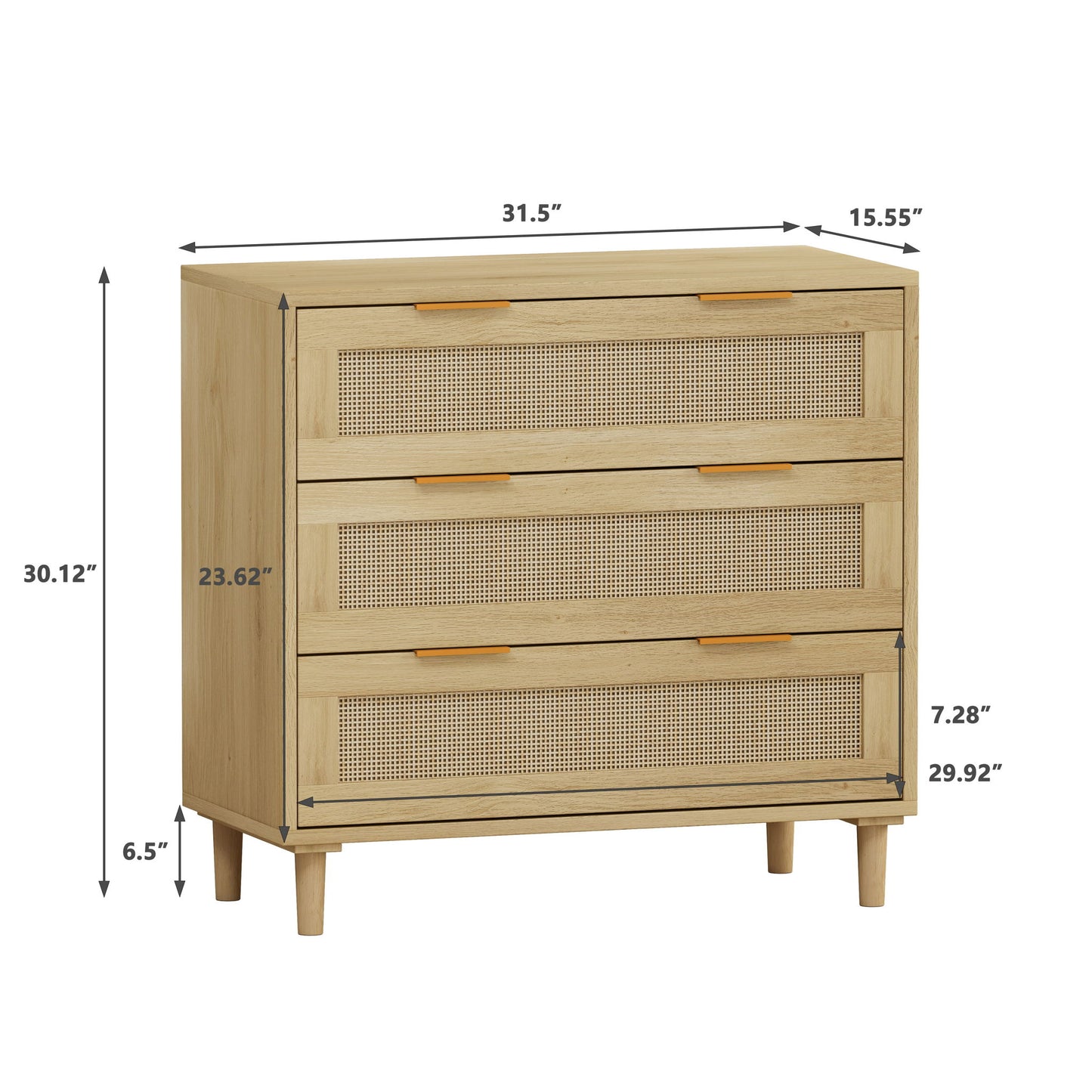 3 Drawer Storage Cabinet With Rattan Drawers For Bedroom, Living Room - Oak Home Essentials