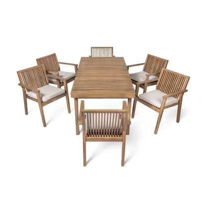 7 Piece Patio Furniture Set Acacia Wood Table And 6 Heavy Duty Cushioned Chairs Noble House