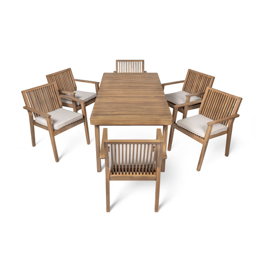 7 Piece Patio Furniture Set Acacia Wood Table And 6 Heavy Duty Cushioned Chairs Noble House