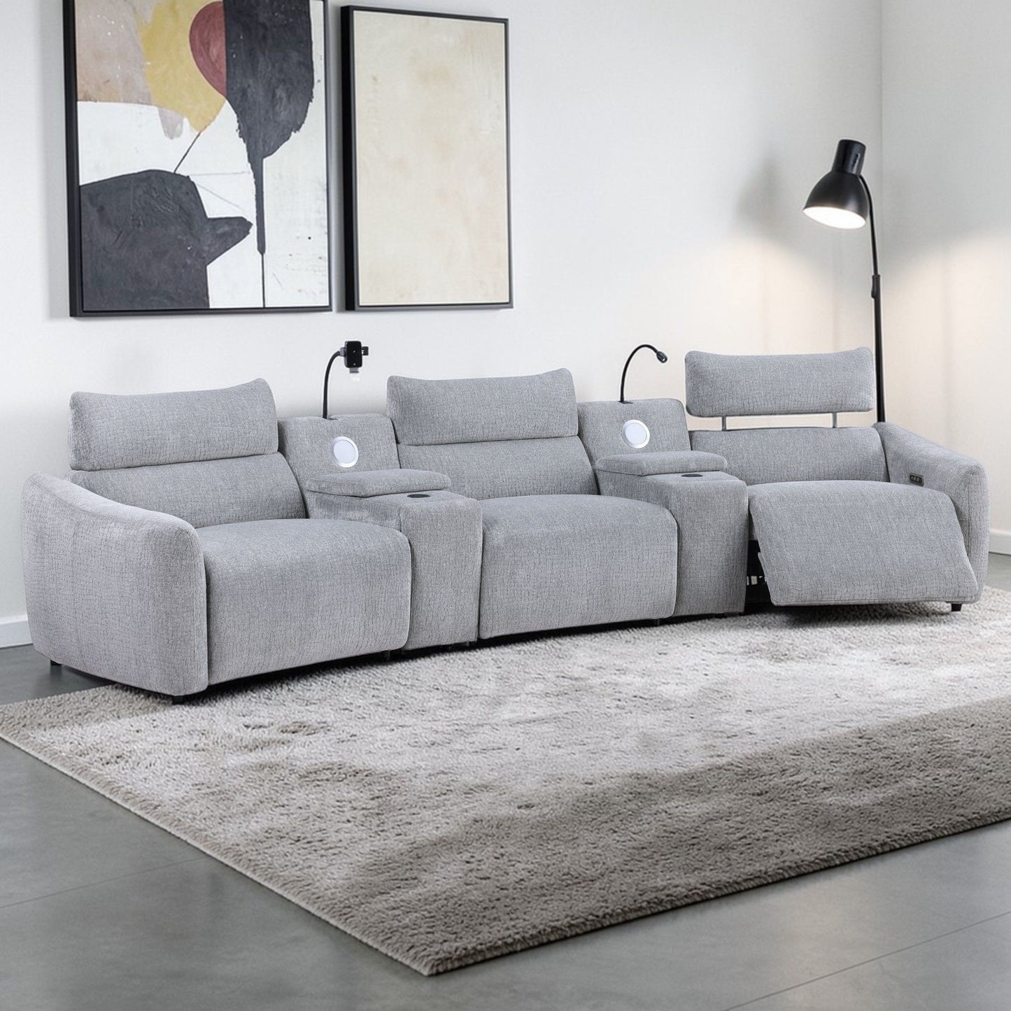 Fullar - Modular Power Motion Sectional Sofa With Console, 2 Wireless Chargers, 4 Cupholders, And 2 Speakers, 1 Phone Holder And 1 Reading Light, Adjustable Headrest - Light Gray Acme