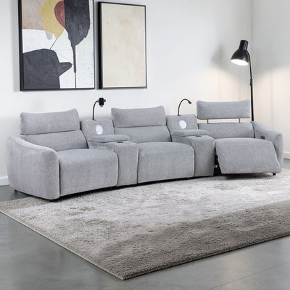 Fullar - Modular Power Motion Sectional Sofa With Console, 2 Wireless Chargers, 4 Cupholders, And 2 Speakers, 1 Phone Holder And 1 Reading Light, Adjustable Headrest - Light Gray Acme
