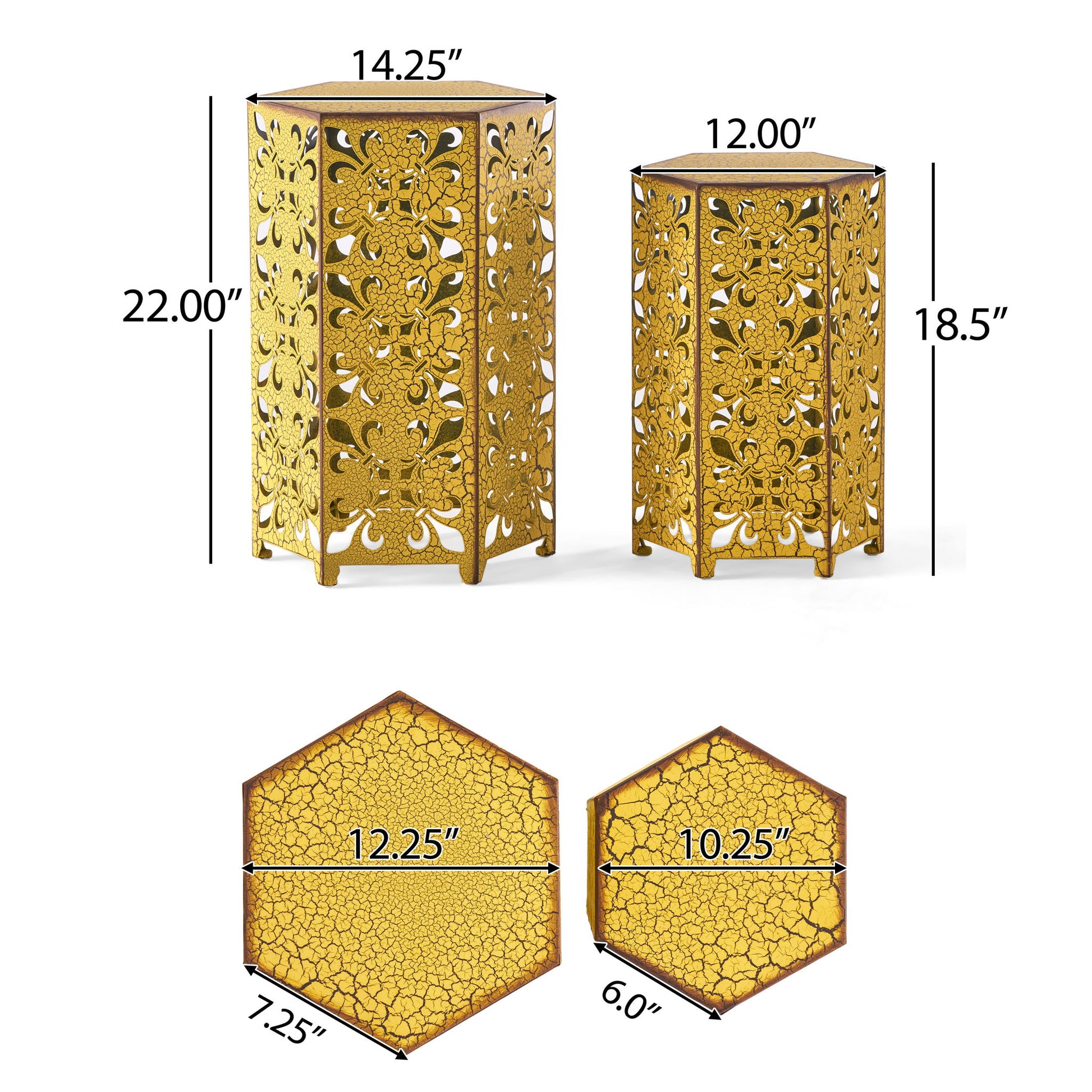 Outdoor Hexagonal Accent Table Set With Charming Fleur De Lis Panel Sides - Antique Yellow Noble House
