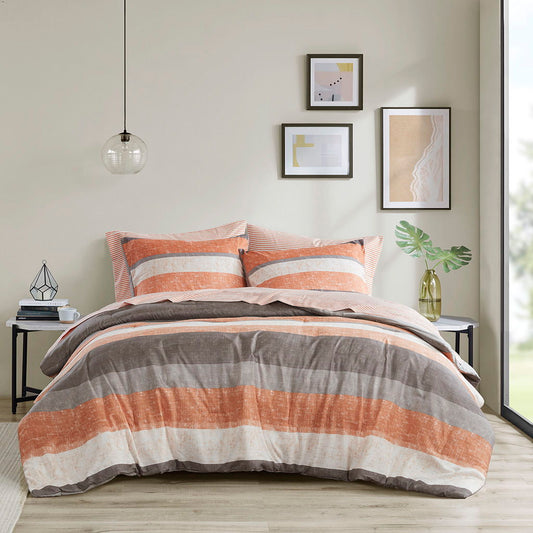 Jaxon - 7 Piece King Stripe Comforter Set With Bed Sheets - Coral/Gray Madison Park Essentials