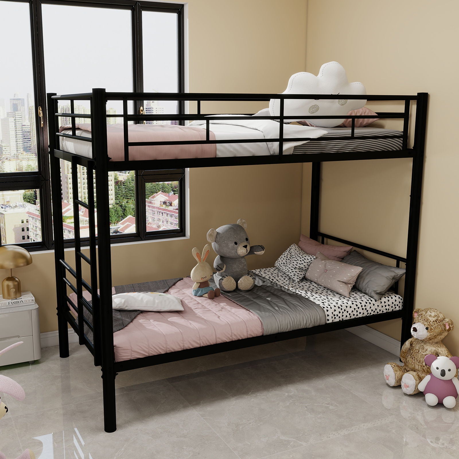 Metal Bunk Bed For Kids, Convertible Bedframe With Ladders & Guardrail Home Essentials