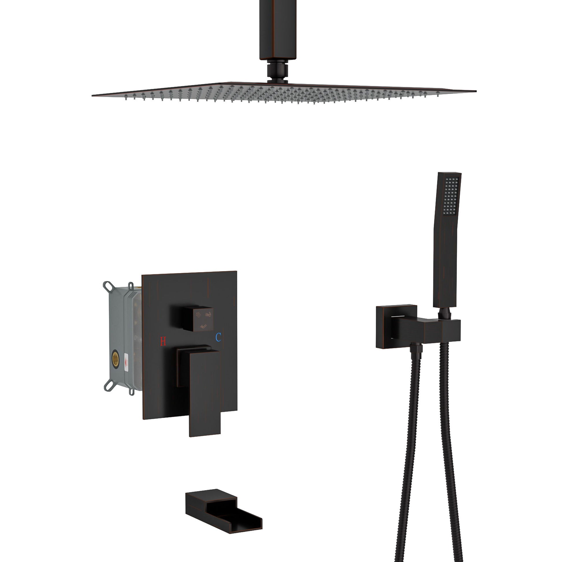 Modern Shower System With Waterfall Tub Spout, 12" Ceiling Mount Square Shower Daily Nest