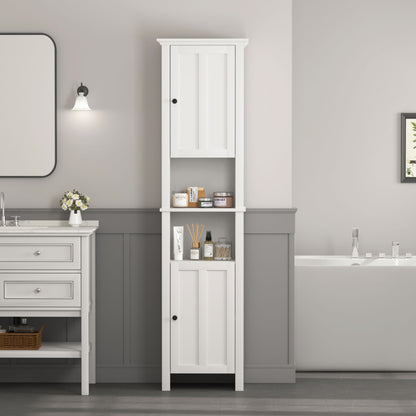 Wooden Bathroom Floor Storage Cabinet With 2 Doors And 6 Shelves - White Home Essentials
