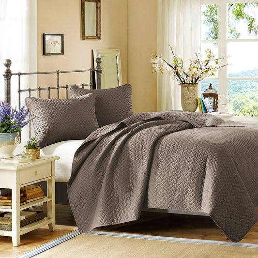 Velvet Touch - King 3 Piece Luxurious Oversized Quilted Coverlet Set - Taupe