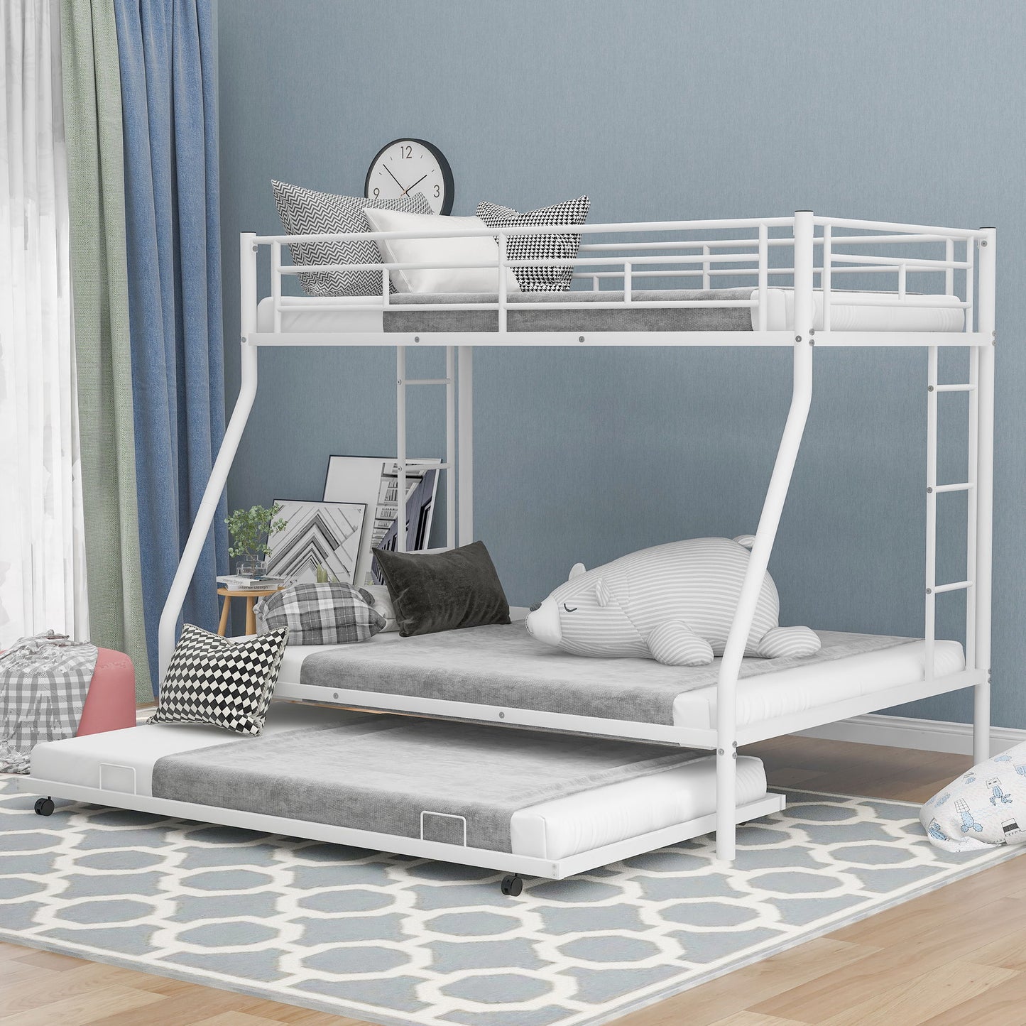 Bunk Bed With Steel Frame And Trundle, 2 Side Ladders Hearth and Haven