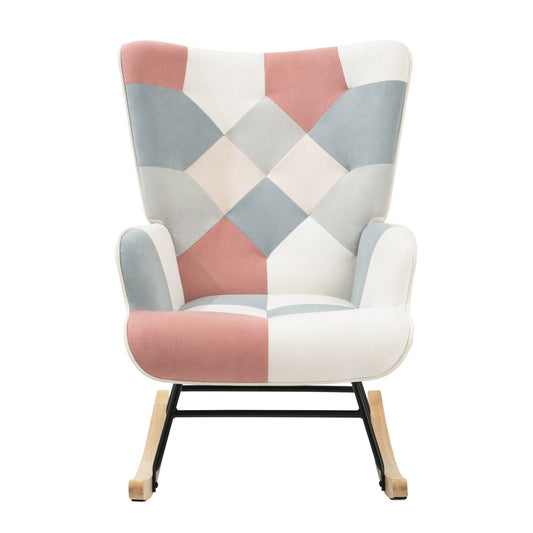 Mid Century Rocking Chair With Ottoman Patchwork Linen Wood Legs Design Living Room And Bedroom - Colorful Home Essentials