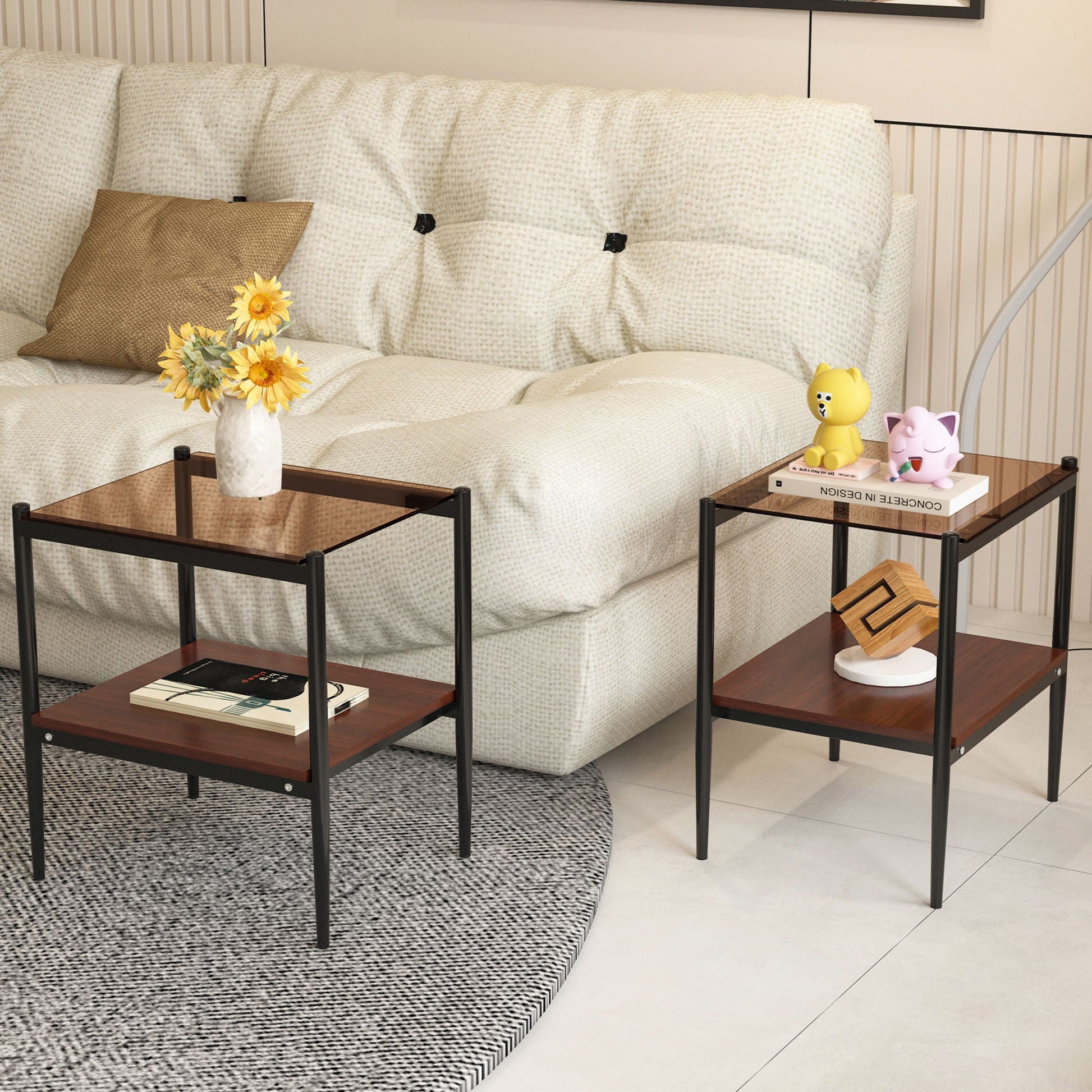 Modern Rectangle End Table (Set of 2) With Tempered Glass Tabletop And Layer - Brown Home Essentials