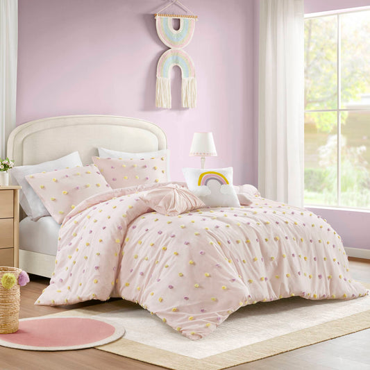 Callie - 5 Piece Full/Queen Pom Pom Comforter Set - Pink Multi - Snoozhouse
