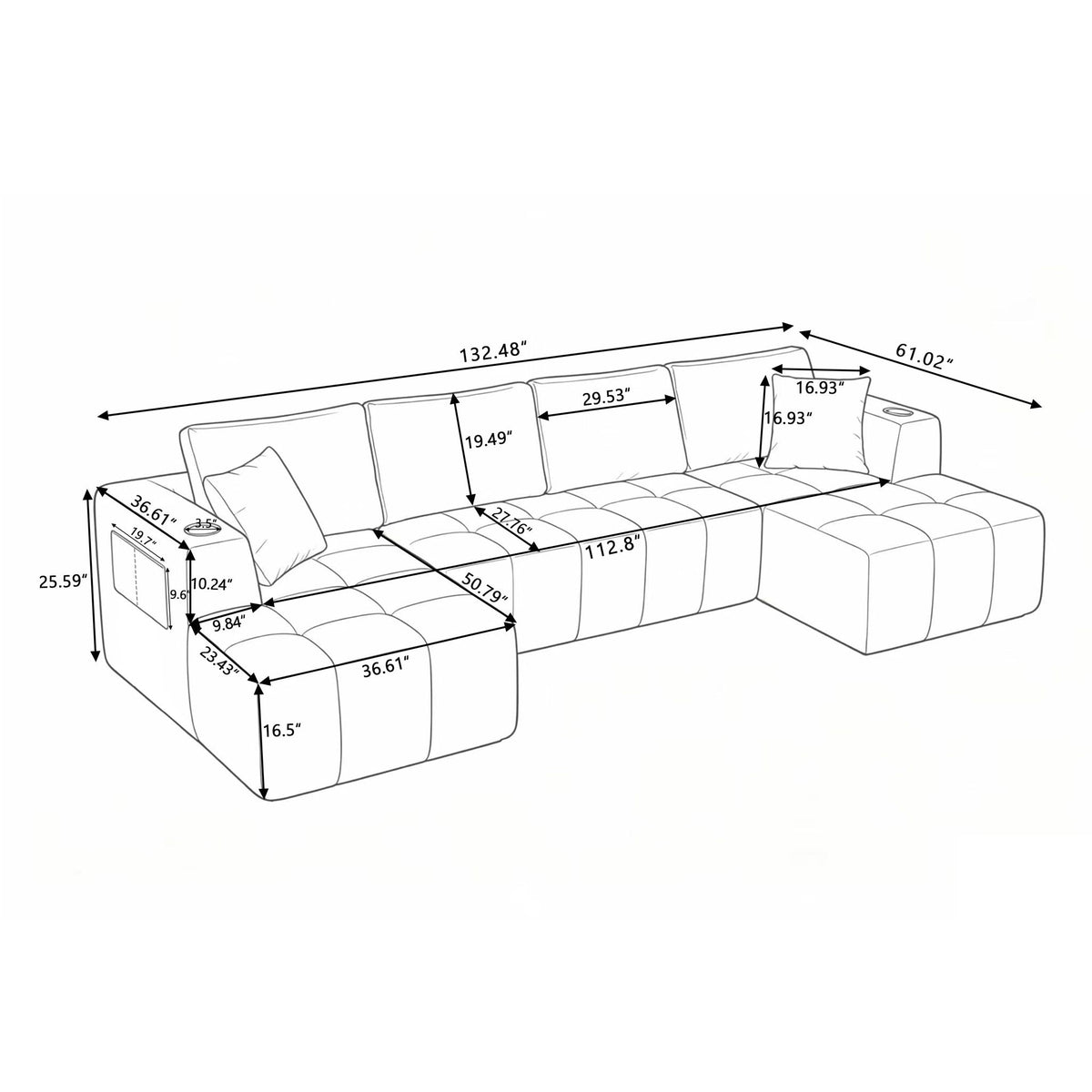 U - Shaped Sectional Sofa, Cup Holders & Side Pockets For Living Room Home Essentials