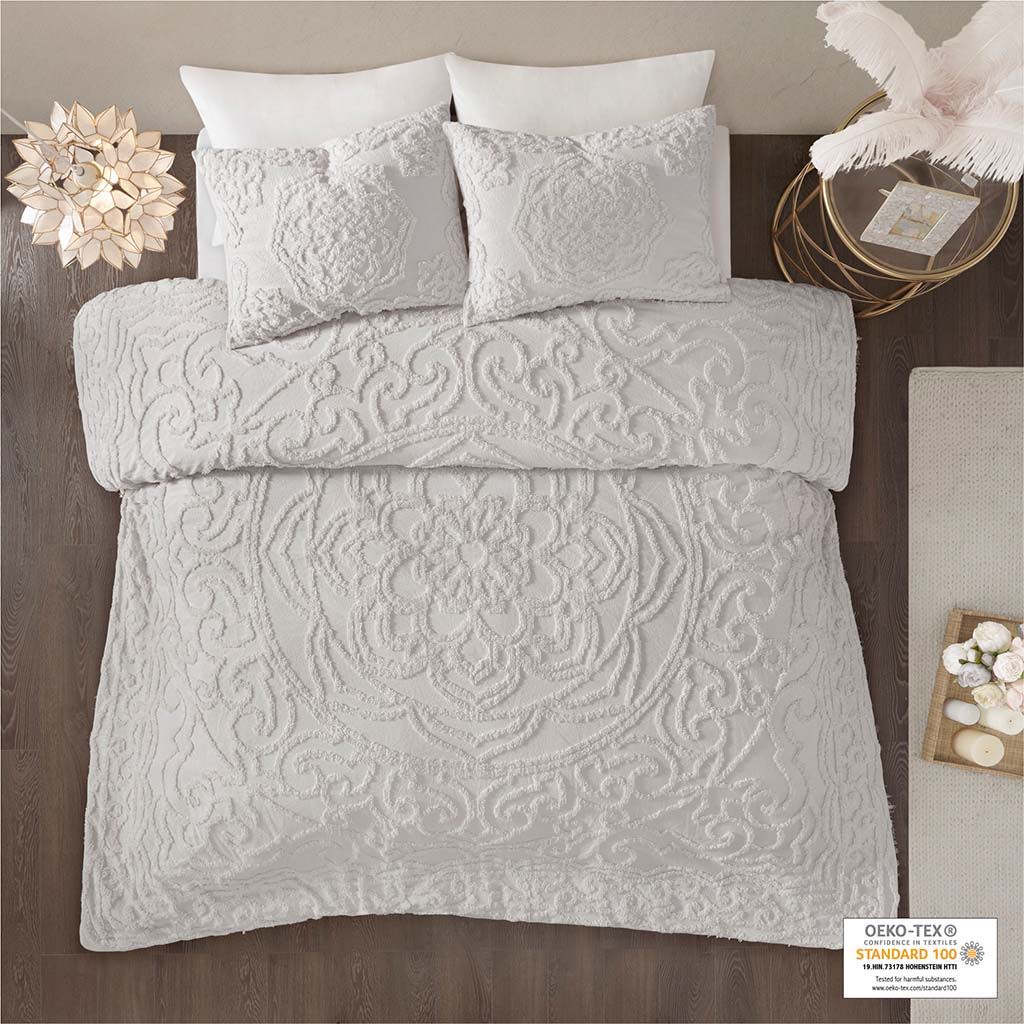 Laetitia - King 3 Piece Tufted Medallion Duvet Cover Set - Gray