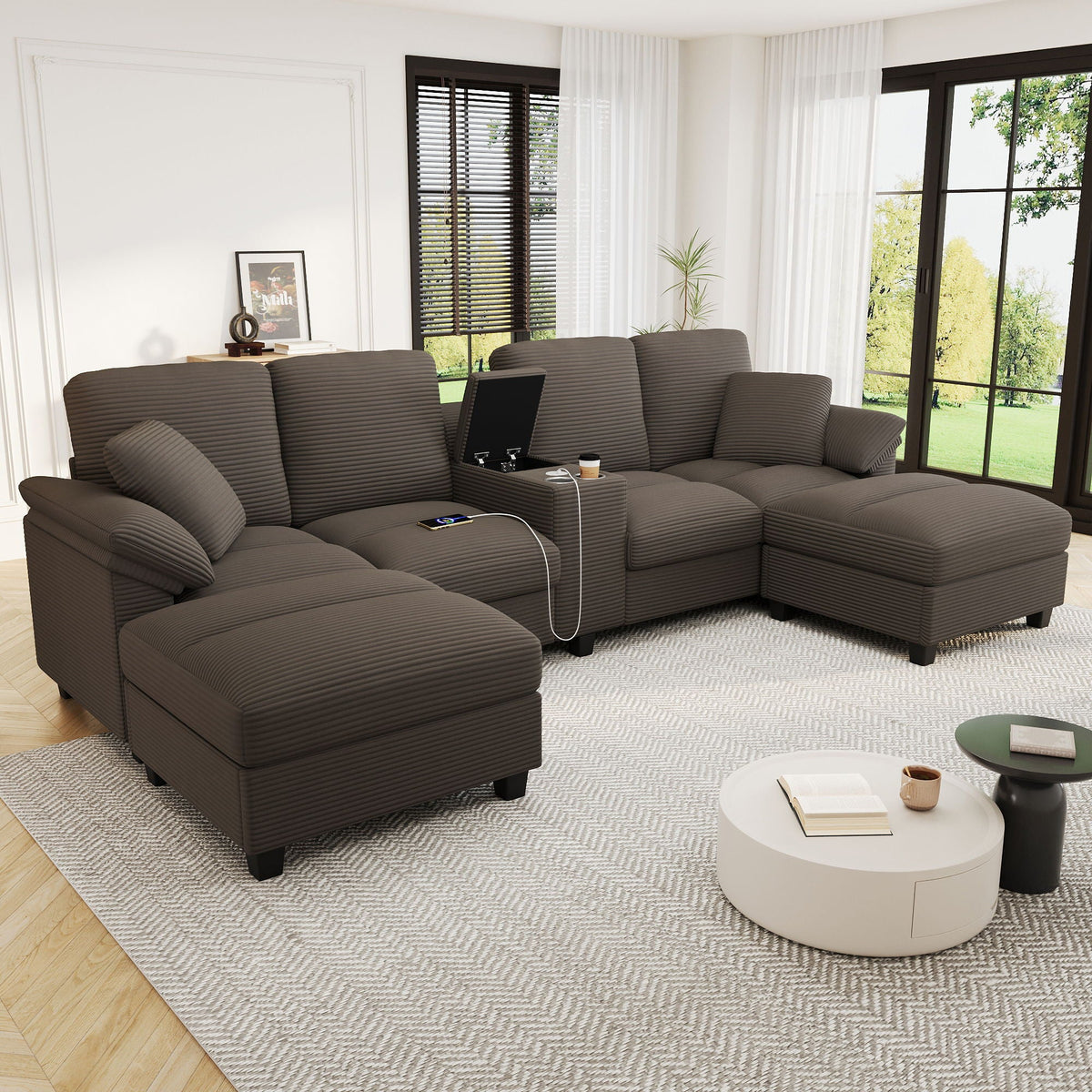 Modern U - Shaped Sectional Sofa With Storage Ottomans, USB Ports, And Cup Holders Hearth and Haven