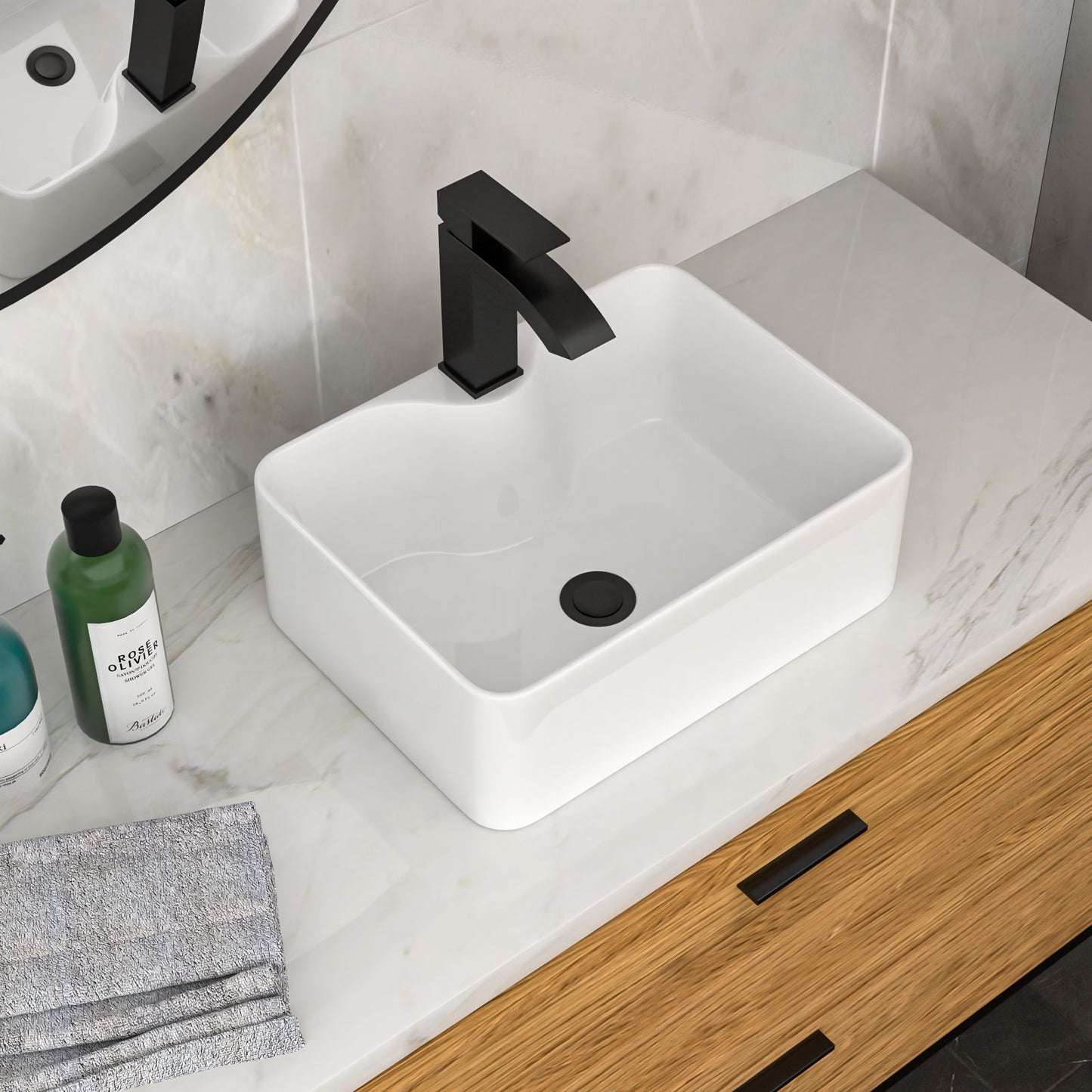 Rectangular Vessel Sink With Faucet & Drain - White / Black Daily Nest
