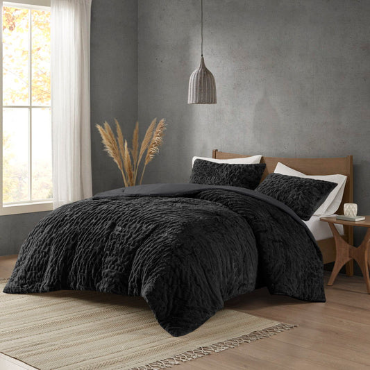 Blair - Ruched Fur Down Alternative King Comforter Set - Black