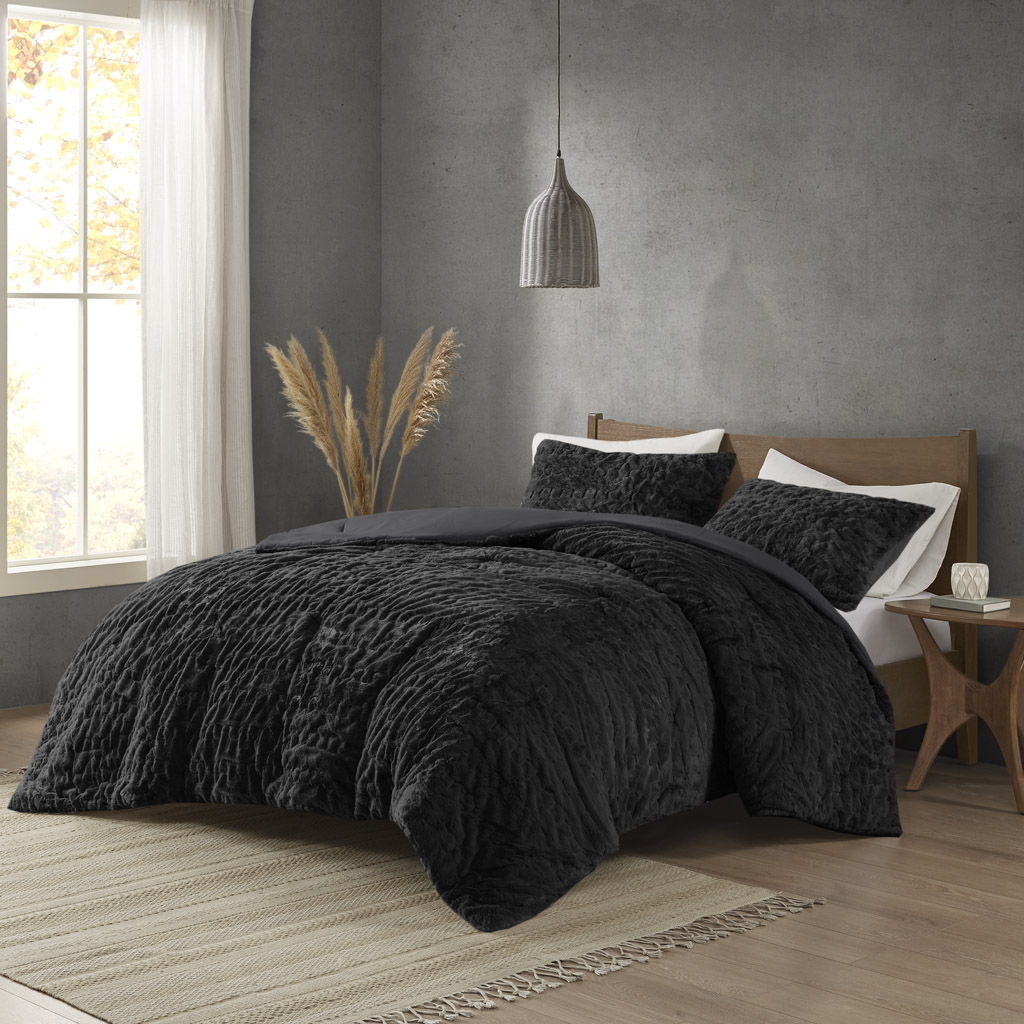 Blair - Ruched Fur Down Alternative Comforter Set - Black Madison Park
