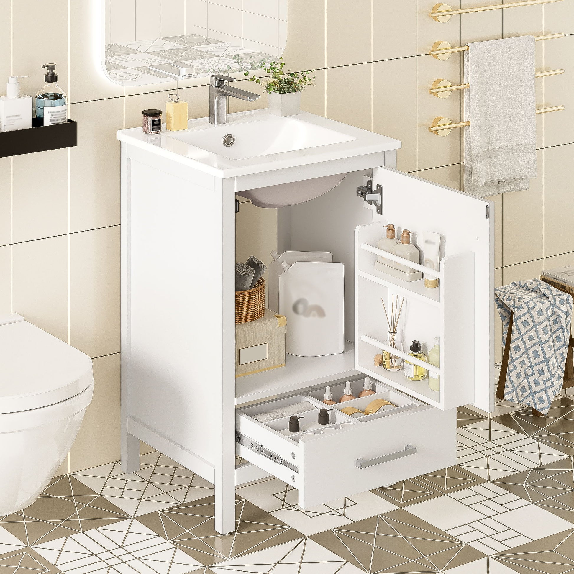 Bathroom Vanity With Ceramic Sink, Soft Close Drawers, Door Organizer, Divider Drawer, Adjustable Foot Pads Hearth and Haven