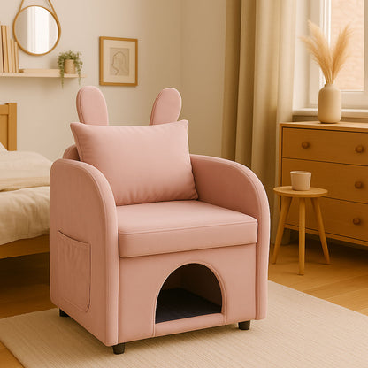 Bunny Ear Pet Friendly Armchair With Hidden Pet House With Storage Pocket For Bedroom & Living Room - Pink Home Essentials