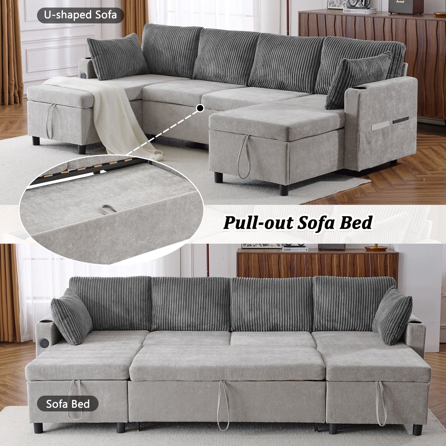 Sectional Sofa Pull Out Sofa Bed Versatile Sofa Sleeper With Large Storage Space, Two USB Ports And Two Cup Holders For Living Room