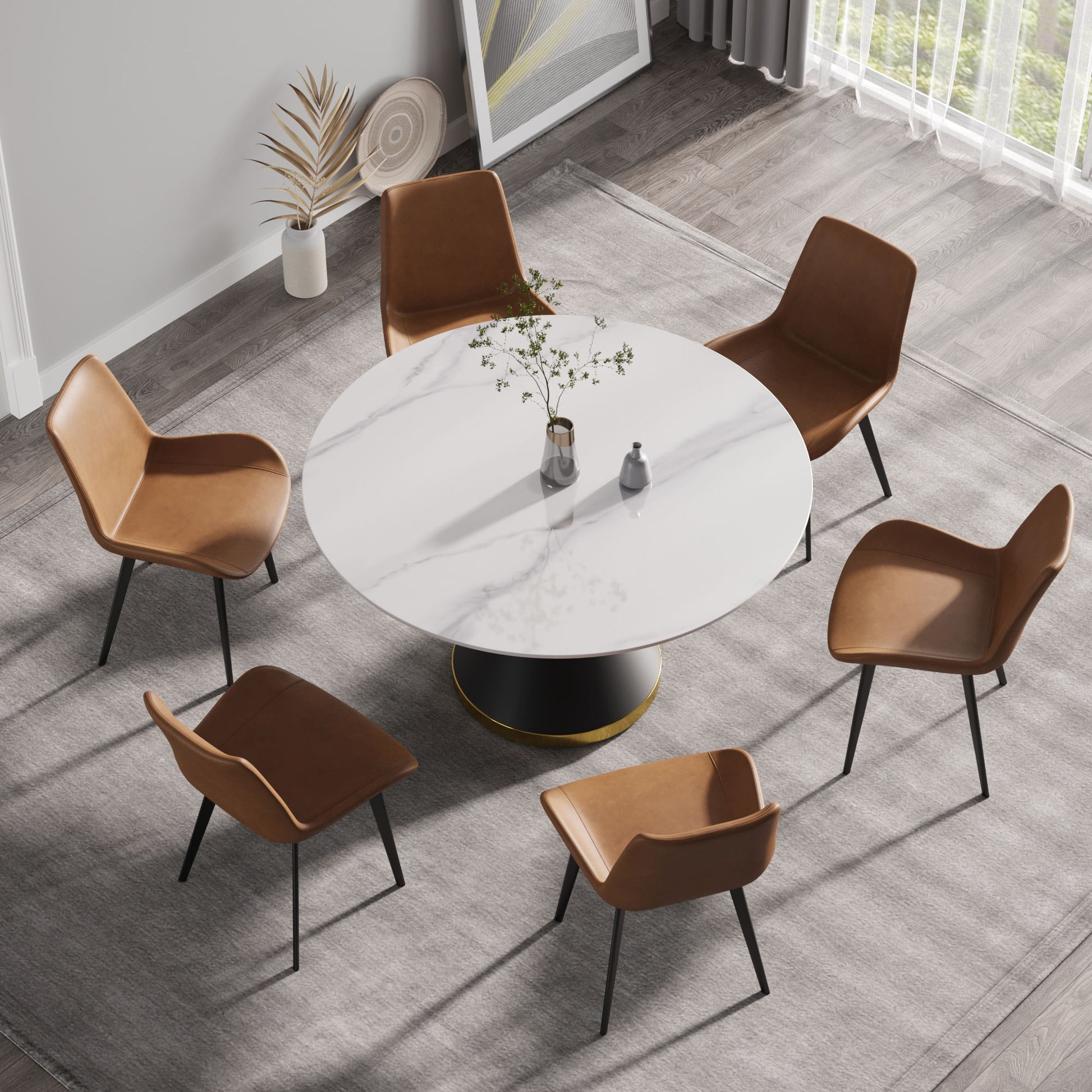 Modern Artificial Stone Round Carbon Steel Base Dining Table, Can Accommodate 6 People Home Essentials
