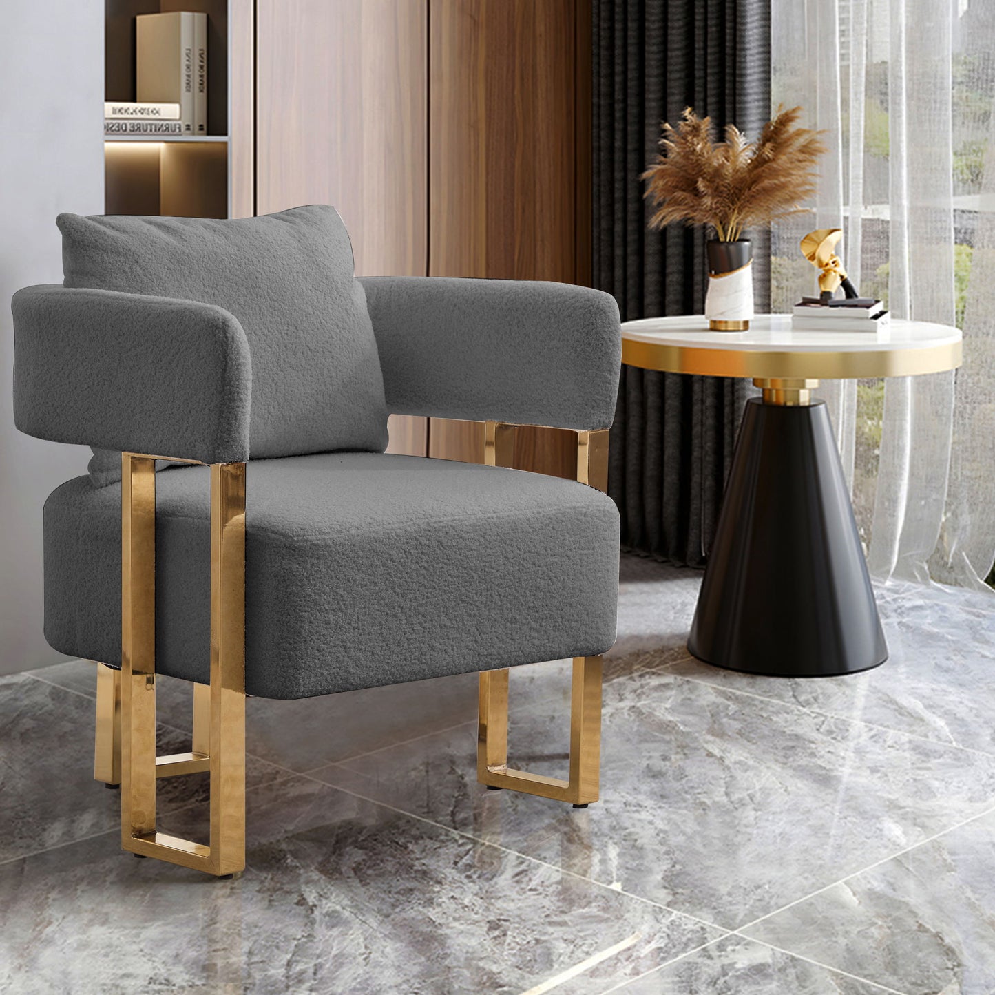 Modern Decorative Chair Teddy Fleece Upholstered And Metal Foot Home Essentials