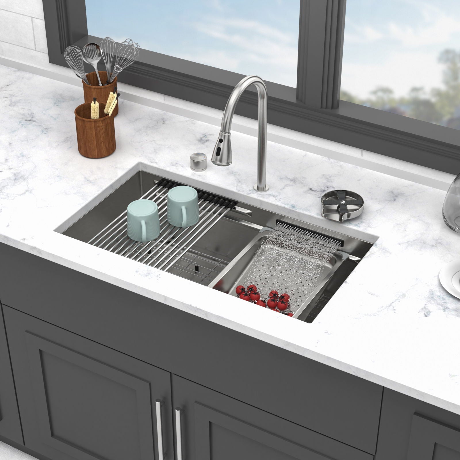 Undermount Stainless Steel Kitchen Sink With Pull Down Faucet & Ledge Workstation Daily Nest