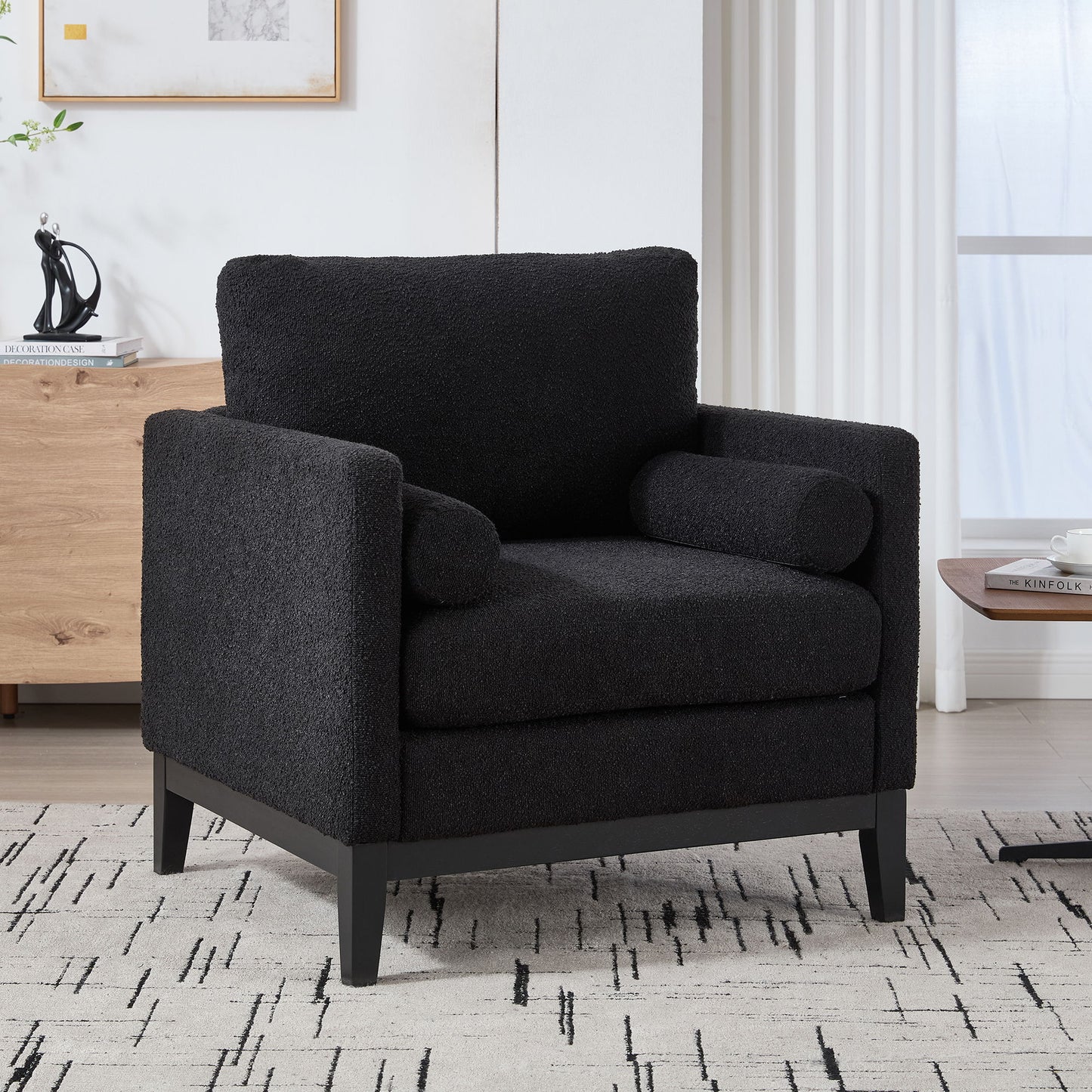 Wide Modern Farmhouse Performance Accent Chair With Legs, Wood Base Home Essentials
