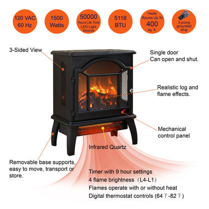 3D Flame Electric Infrared Quartz Fireplace Stove With Remote Control