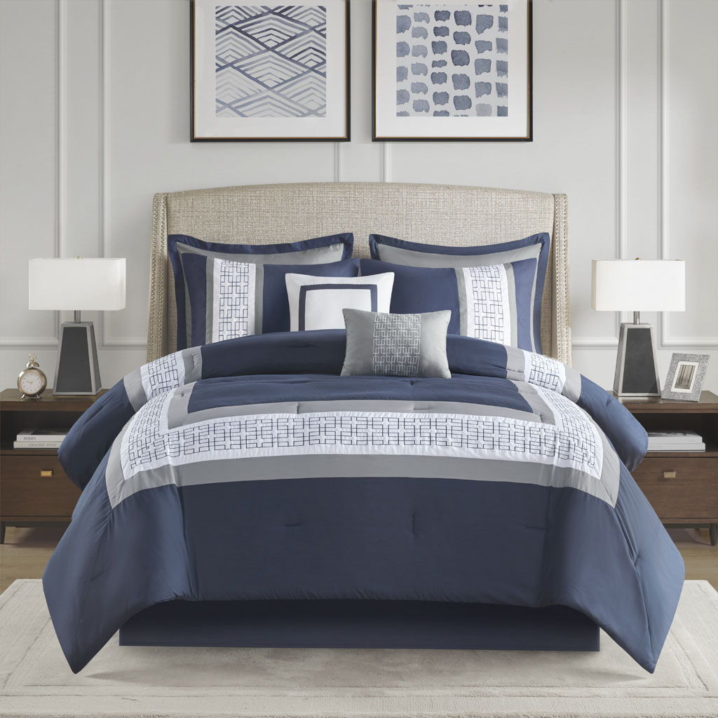 Powell - King Embroidered Comforter (Set of 8) - Navy