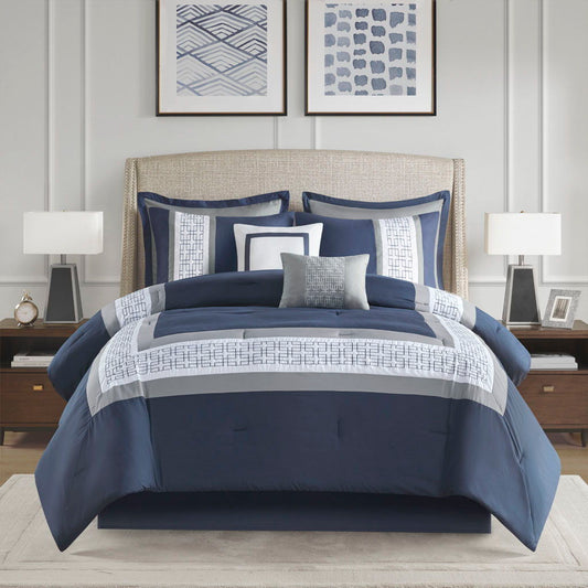 Powell - Queen Embroidered Comforter (Set of 8) - Navy 510 Design