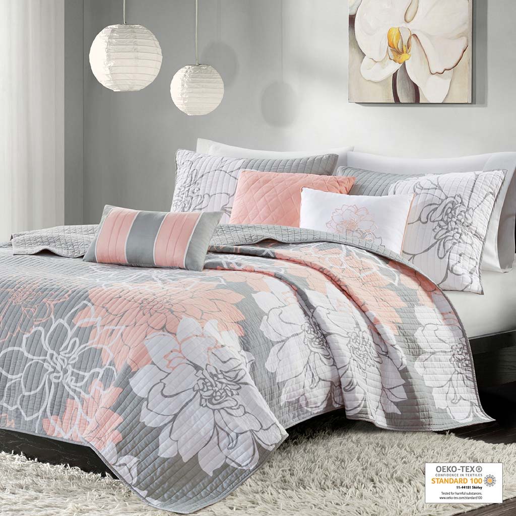 Lola - 6 Piece Reversible Printed Coverlet Set - Gray / Blush