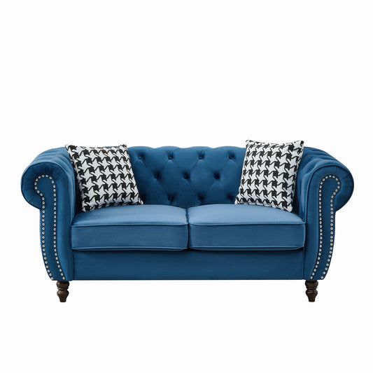 Chesterfield Velvet Fabric Sofa With Roll Armrest And Nailhead, Mid Century 2 Seater Couch In Blue Home Essentials
