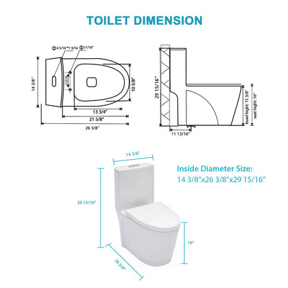 1 Piece Toilet For Bathroom, Dual Flush 1.24 / 1.6 Gpf, Soft Closing Seat - White Daily Nest