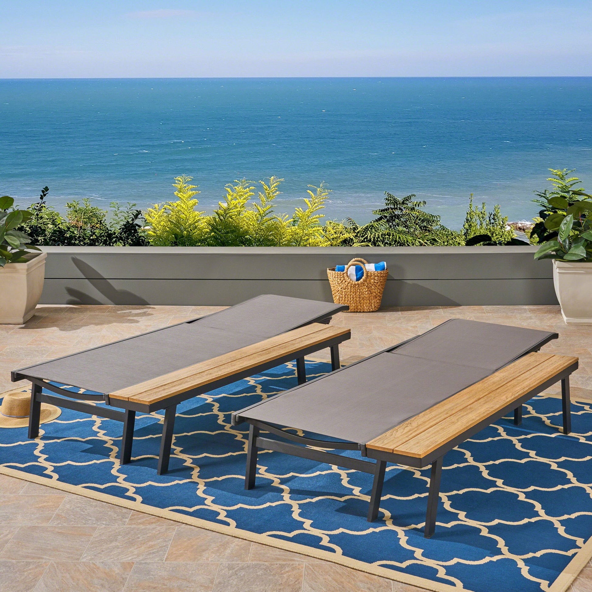 Waterloo - Chaise Lounge With Attached Wood Side Table (Set of 2) Adjustable Eucalyptus Wood And - Gray / Black Noble House